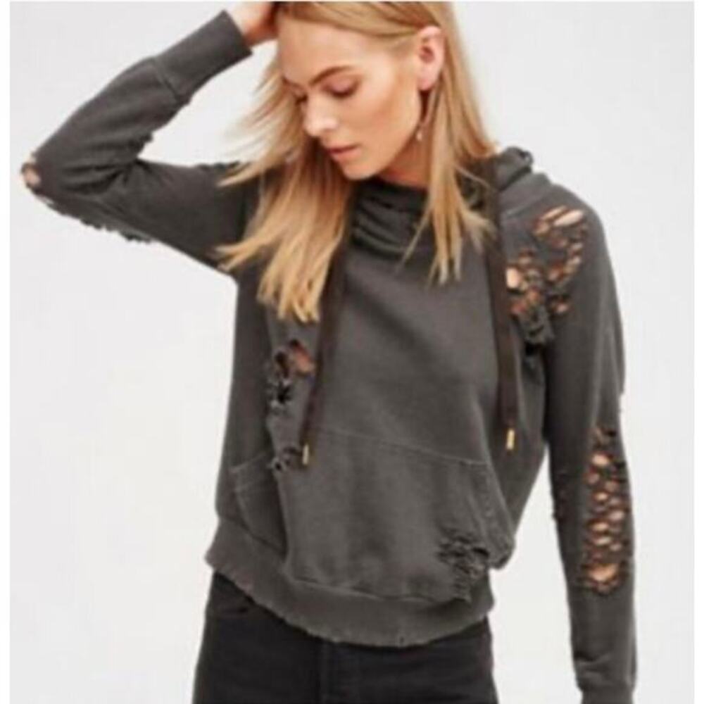 NSF Lisse hoodie black distressed destroyed shredded drawstring hood pocket XS